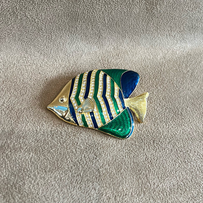 Kenneth Jay Lane Large Vintage Fish Brooch in Green Blue Enamel