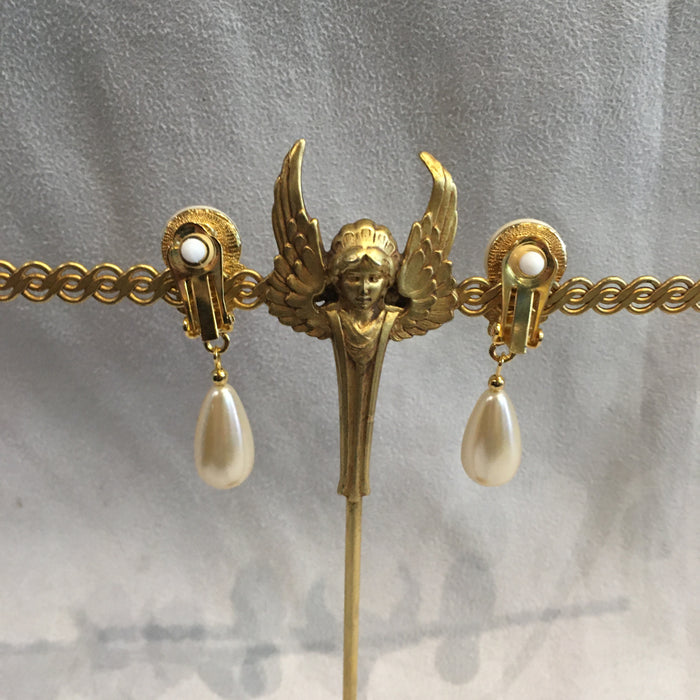 Vintage Gold and Pearl Clip on Drop Chandelier Earrings