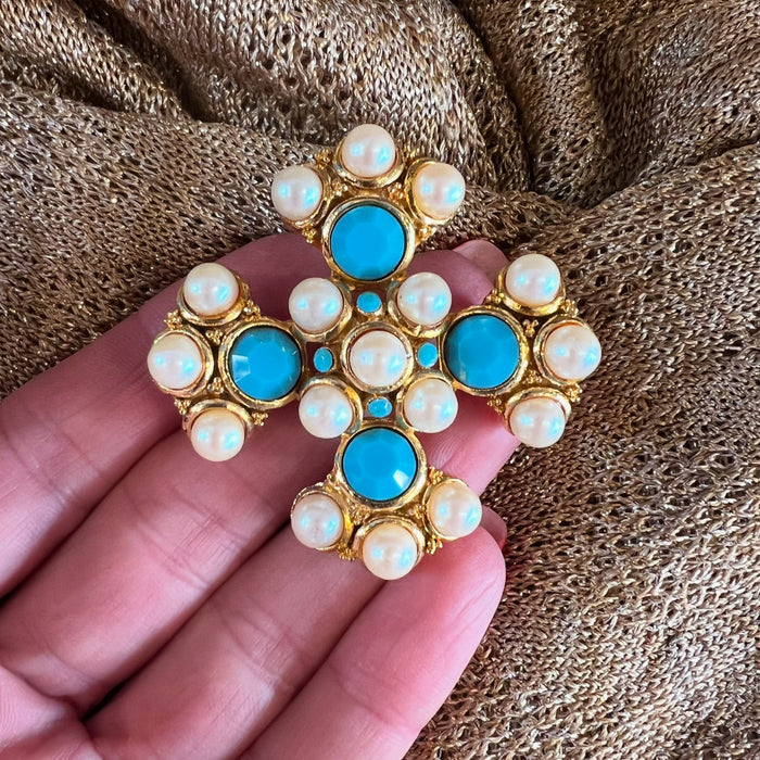 Statement Gold, Pearl and Turquoise Maltese Cross Brooch Vintage Unsigned