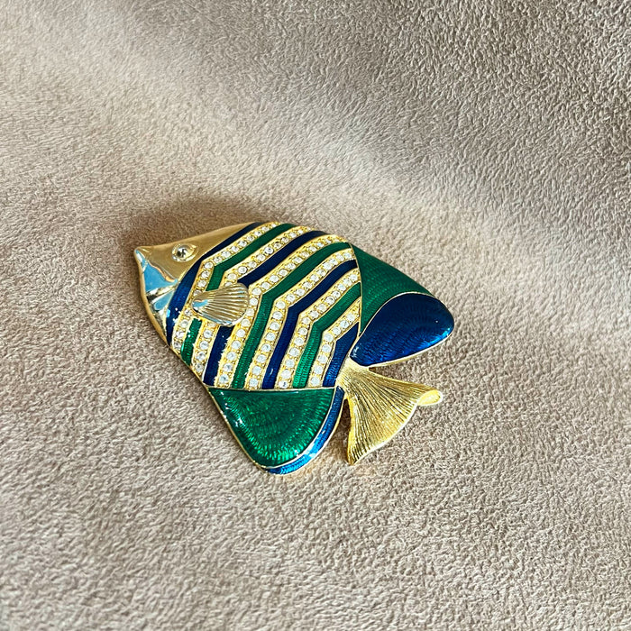 Kenneth Jay Lane Large Vintage Fish Brooch in Green Blue Enamel