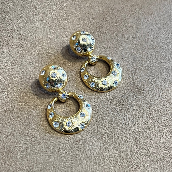 Vintage Gold Door Knocker Earrings Pierced Crystal Stones