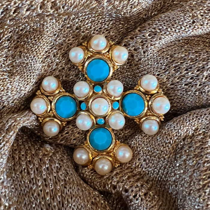 Statement Gold, Pearl and Turquoise Maltese Cross Brooch Vintage Unsigned