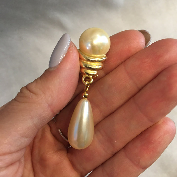 Vintage Gold and Pearl Clip on Drop Chandelier Earrings