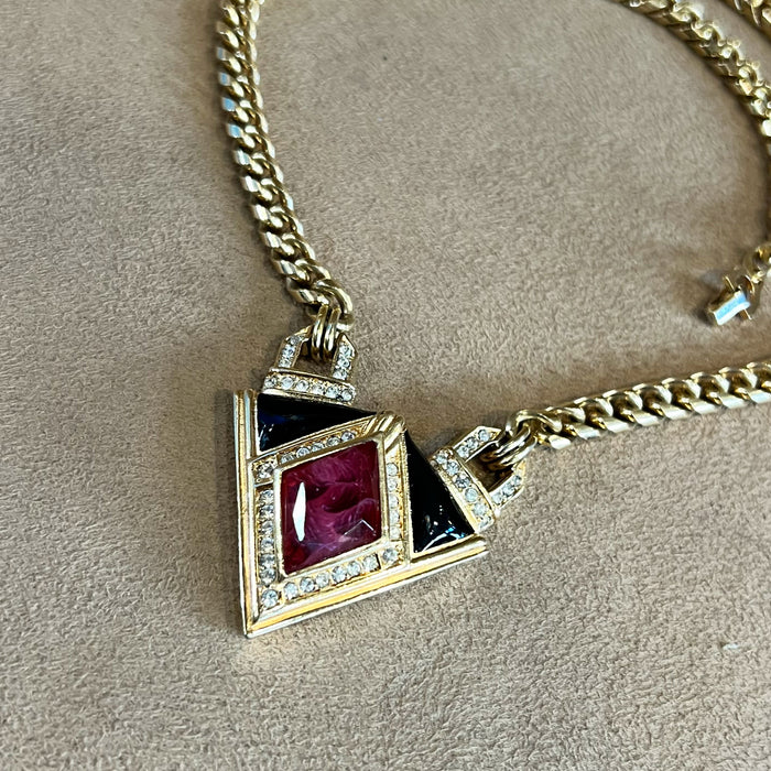 Christian Dior Vintage Black Enamel Red Crystal Gold Plated Pendant Necklace