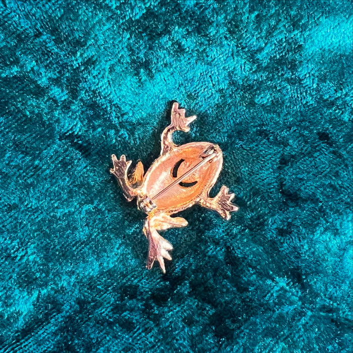 Vintage Frog Brooch Gold Crystal Stones