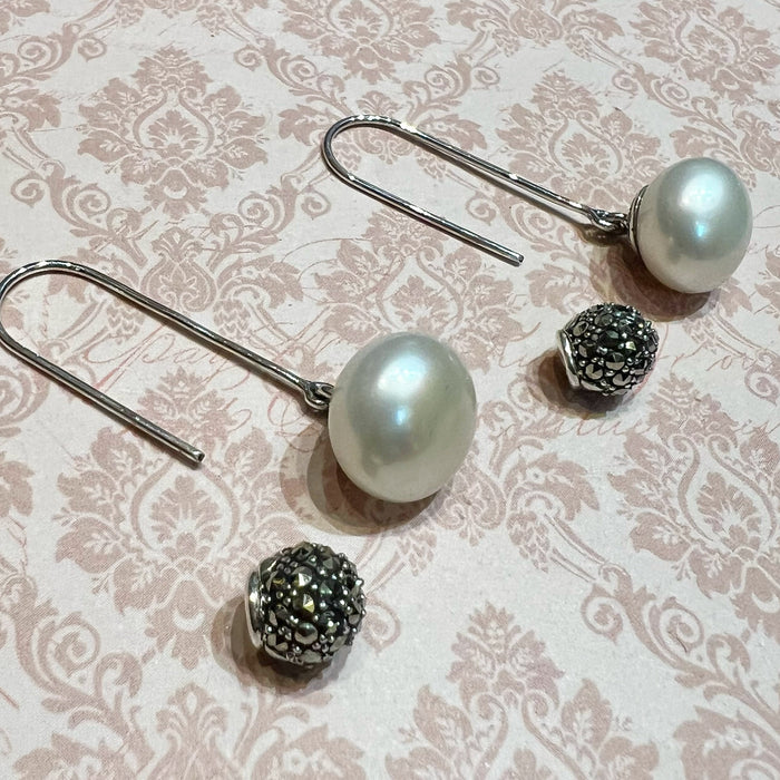 Freshwater Pearl Silver Marcasite Hoop Drop Earrings