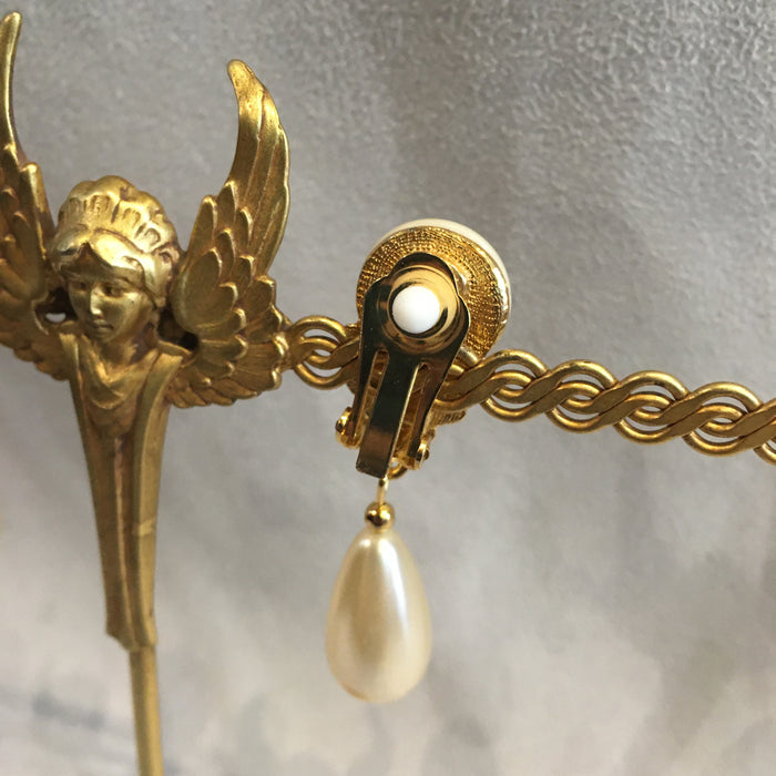 Vintage Gold and Pearl Clip on Drop Chandelier Earrings