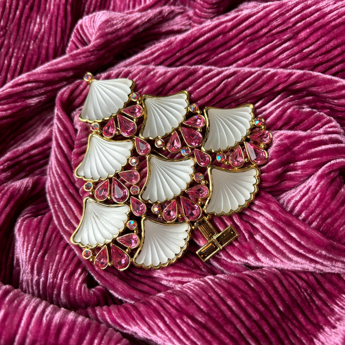 Large Cristobal London Christmas Tree Brooch in white and pink