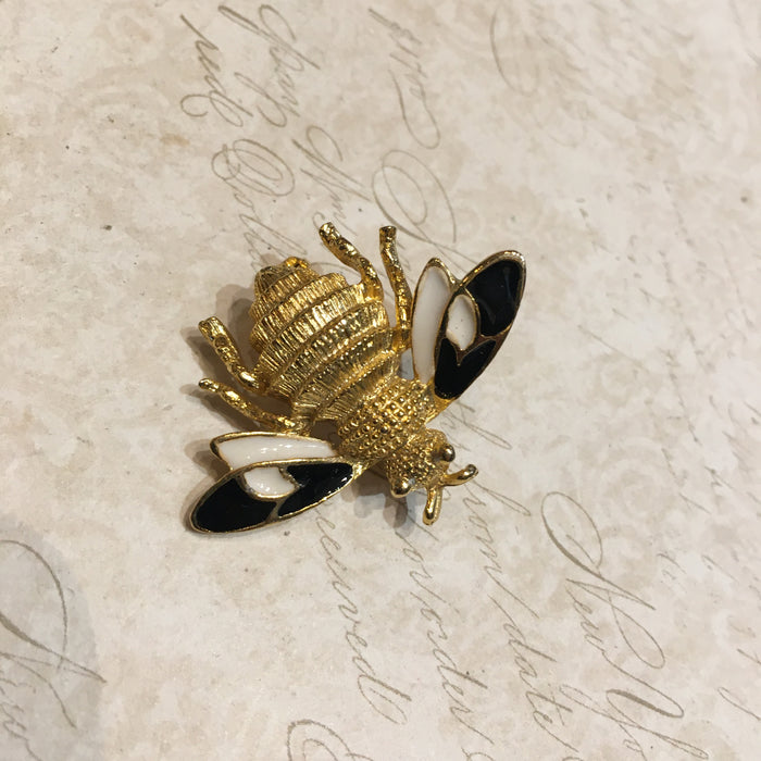 Vintage Bee Brooch Black White Enamel