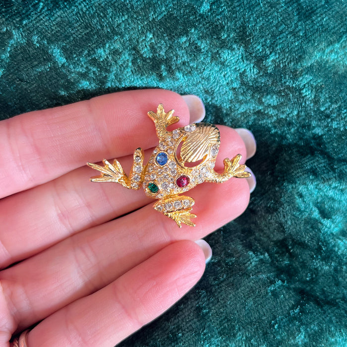 Vintage Frog Brooch Gold Crystal Stones