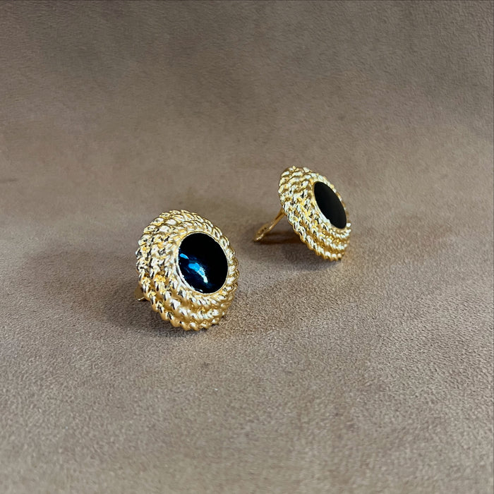 Vintage Black Gold Round Clip On Earrings