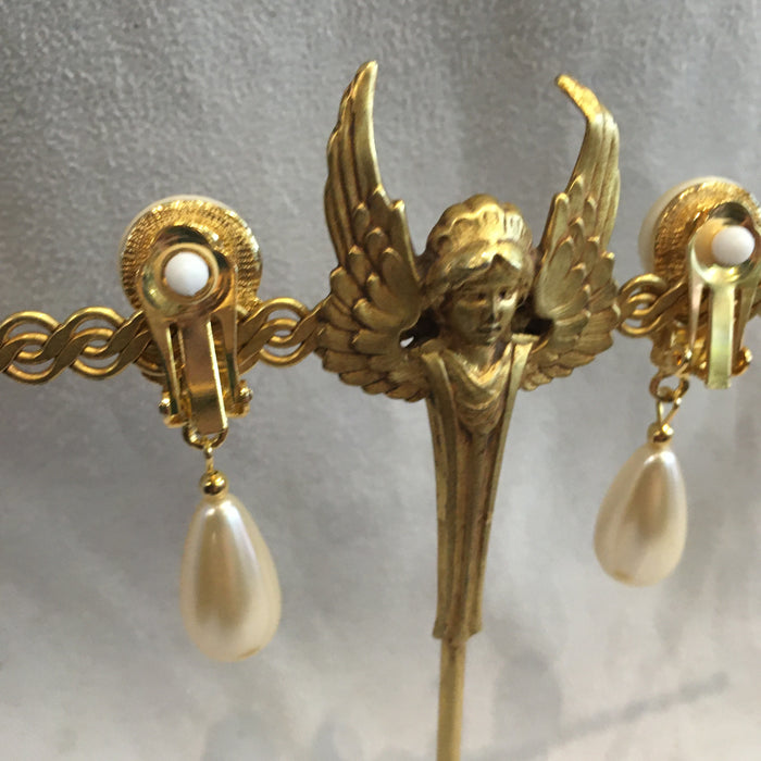 Vintage Gold and Pearl Clip on Drop Chandelier Earrings