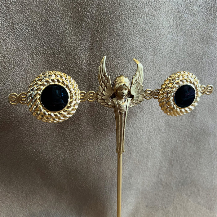 Vintage Black Gold Round Clip On Earrings