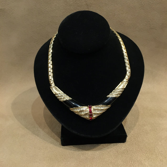 Grossé Vintage Necklace Red and White Crystal Black Enamel Gold
