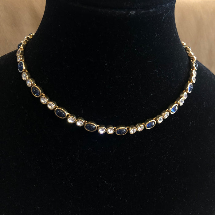 Sapphire blue clear crystal oval tennis necklace Vintage