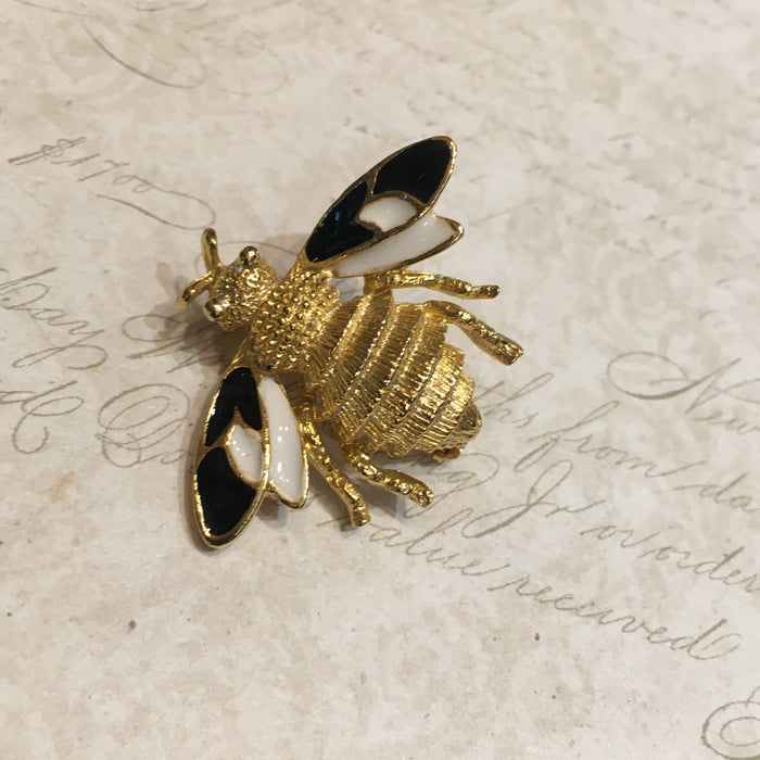 Vintage Bee Brooch Black White Enamel