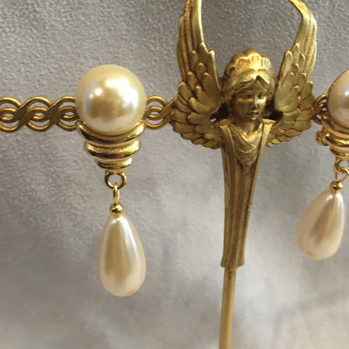 Vintage Gold and Pearl Clip on Drop Chandelier Earrings