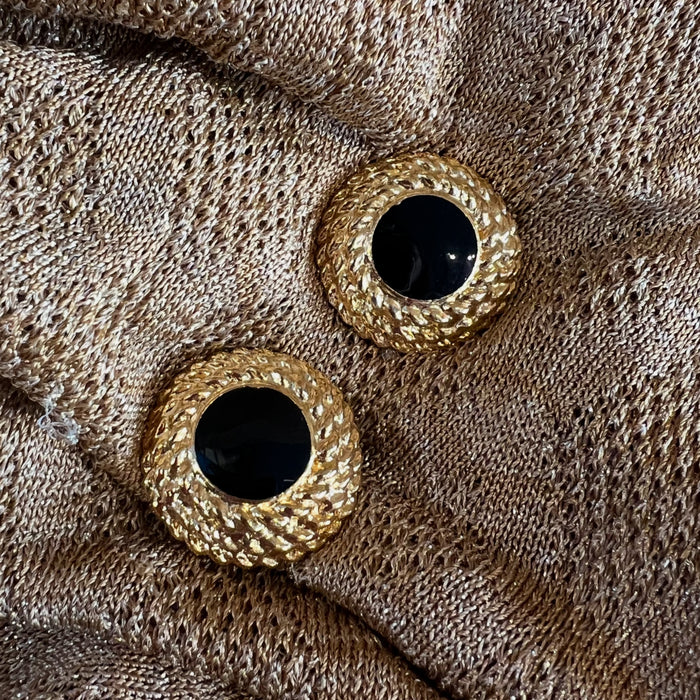 Vintage Black Gold Round Clip On Earrings