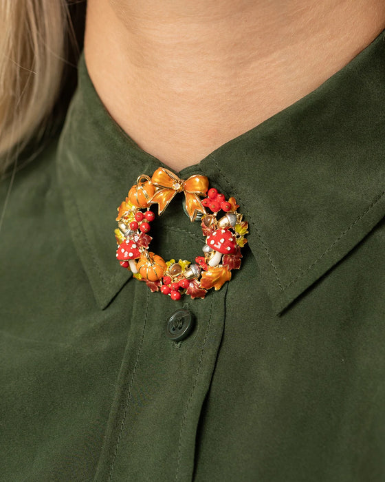 Autumn wreath brooch with pumpkin and toadstools by Bill Skinner