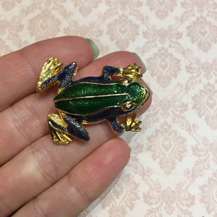 Vintage Frog Brooch Green Blue Enamel Gold