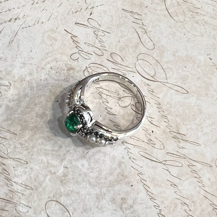 Art Deco Ring Silver Emerald Green Cubic Zirconia Marcasite