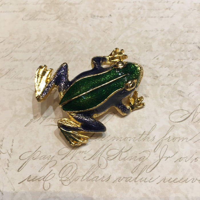 Vintage Frog Brooch Green Blue Enamel Gold