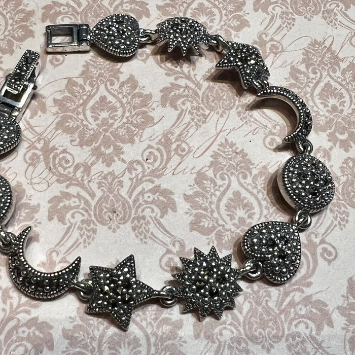 Marcasite Sterling Silver Bracelet Moon Star Heart Delicate Celestial