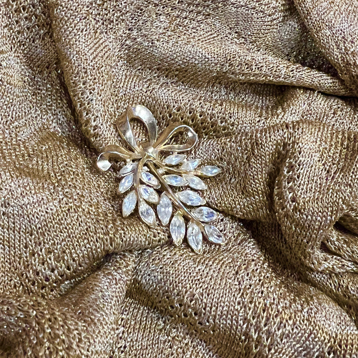 Trifari Vintage Crystal Gold Plated Leaf Bow Brooch