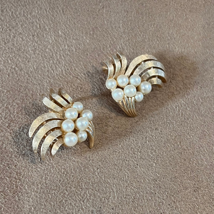 Trifari Pearl Leafy Vintage Clip On Earrings Gold Plated