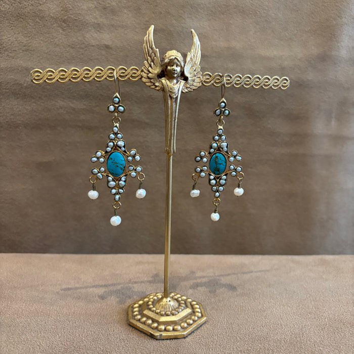 Byzantine Turquoise and Pearl Chandelier Earrings
