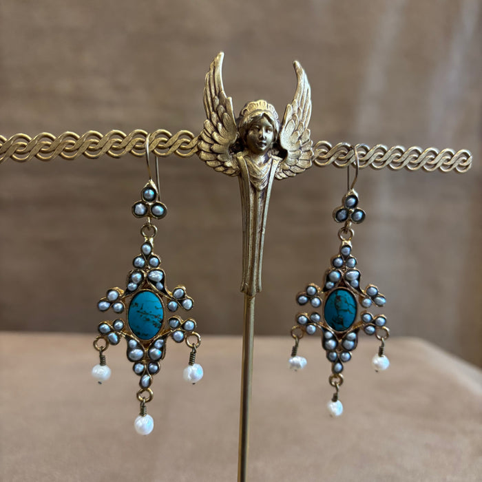 Byzantine Turquoise and Pearl Chandelier Earrings