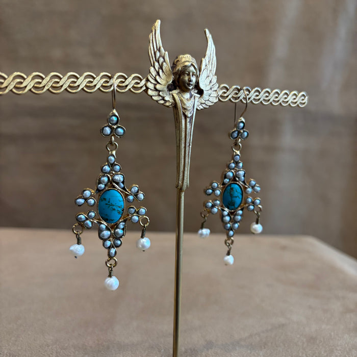 Byzantine Turquoise and Pearl Chandelier Earrings