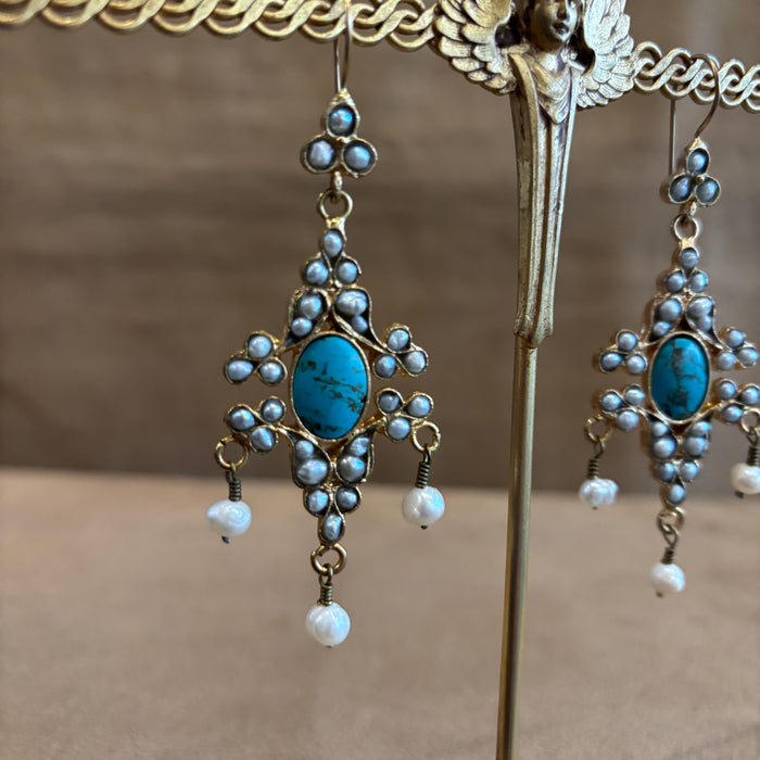 Byzantine Turquoise and Pearl Chandelier Earrings