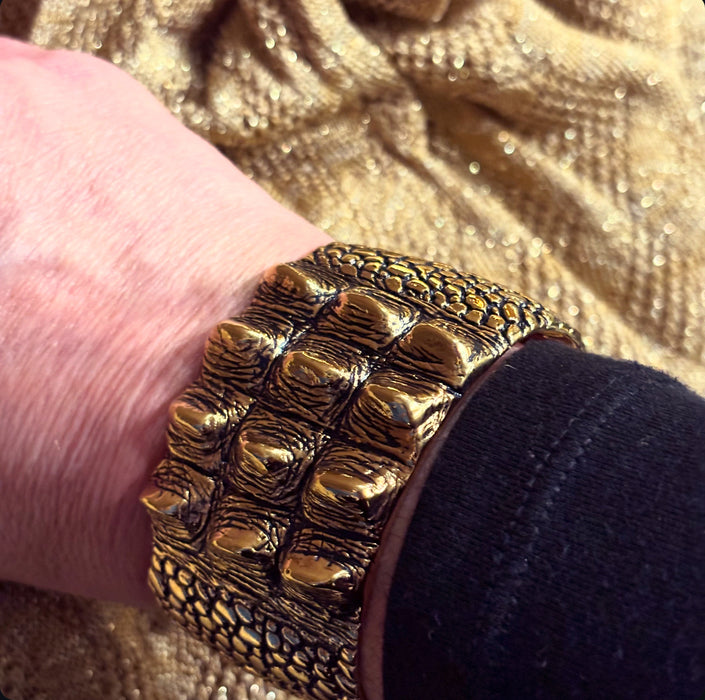 Saint Laurent Cuff Bracelet in crocodile skin effect Gold Plated