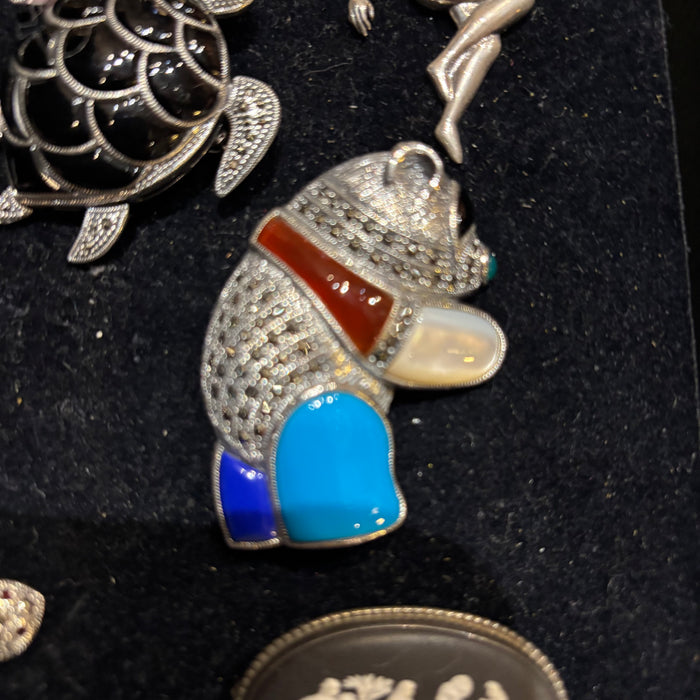 Silver Panda Brooch Marcasite Black Onyx Mother of Pearl