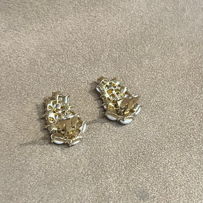 Trifari Pearl Cabachon Leafy Vintage Clip On Earrings Gold Plated