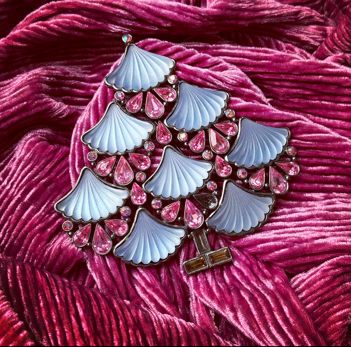 Cristobal Large Christmas Tree Brooch In pale blue and pink