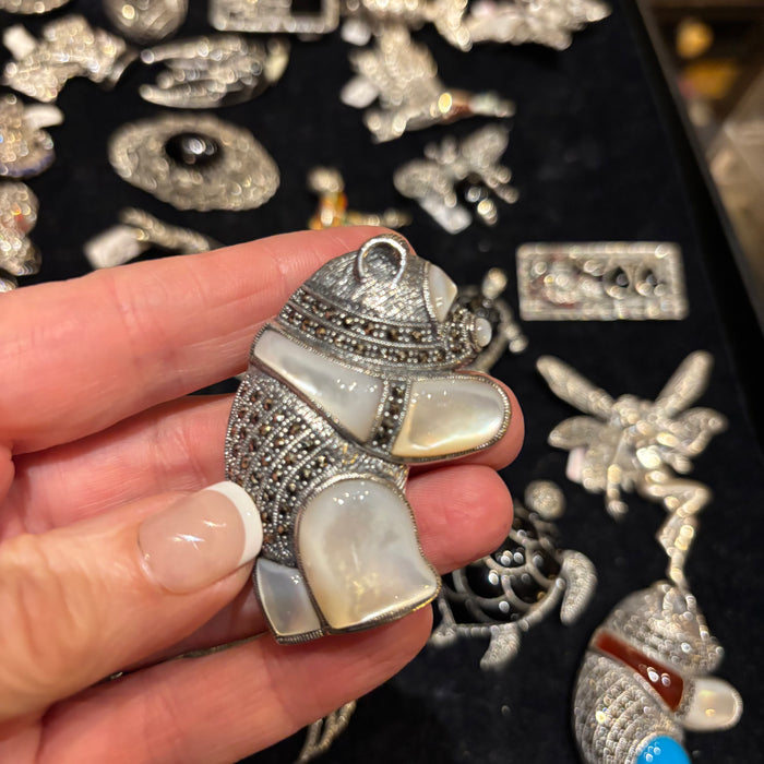 Silver Panda Brooch Marcasite Black Onyx Mother of Pearl