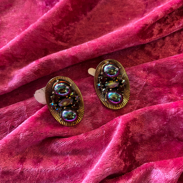Vintage Schiaparelli iridescent glass clip on earrings