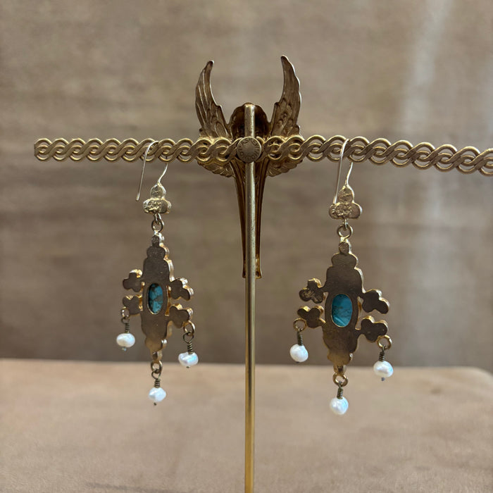 Byzantine Turquoise and Pearl Chandelier Earrings