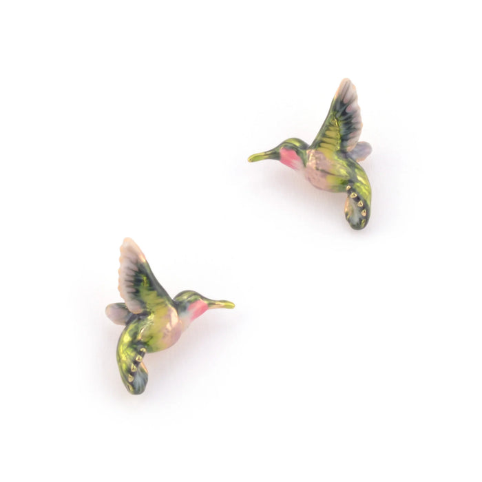 Hummingbird stud earrings by Bill Skinner in Enamel gold plated
