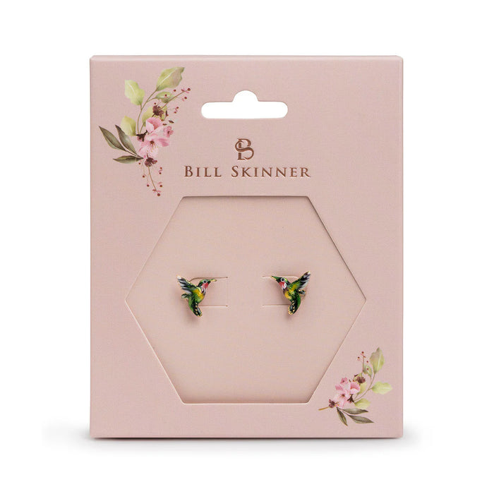 Hummingbird stud earrings by Bill Skinner in Enamel gold plated