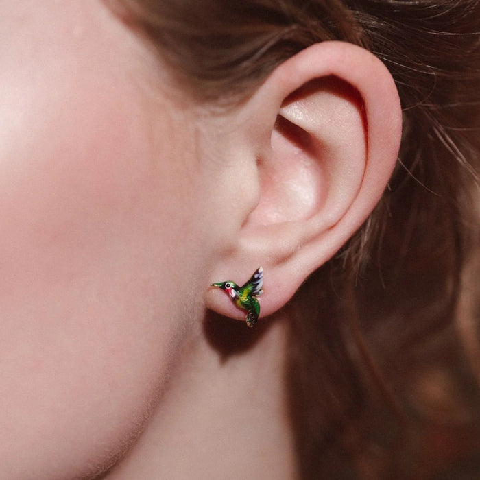 Hummingbird stud earrings by Bill Skinner in Enamel gold plated