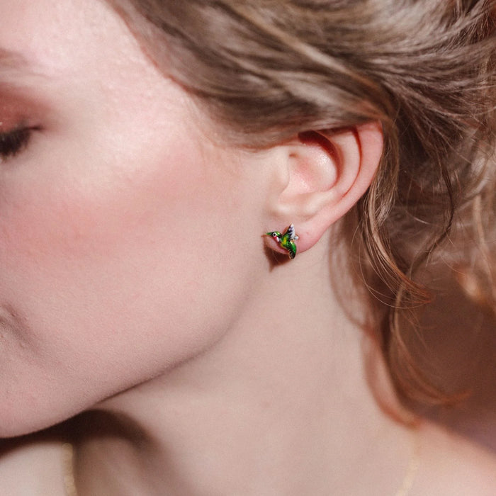 Hummingbird stud earrings by Bill Skinner in Enamel gold plated