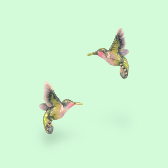 Hummingbird stud earrings by Bill Skinner in Enamel gold plated