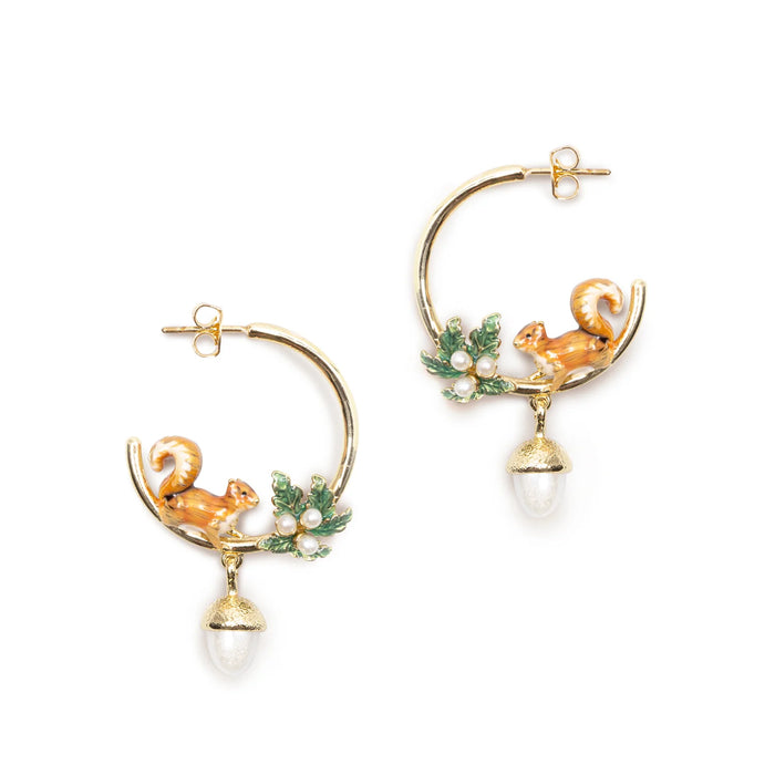 Squirrel & Acorn hoop pearl earrings by Bill Skinner