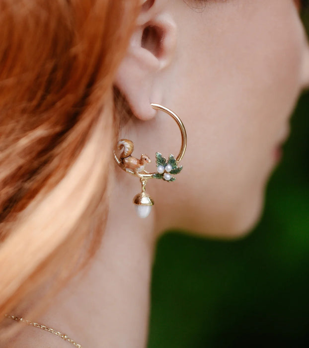 Squirrel & Acorn hoop pearl earrings by Bill Skinner