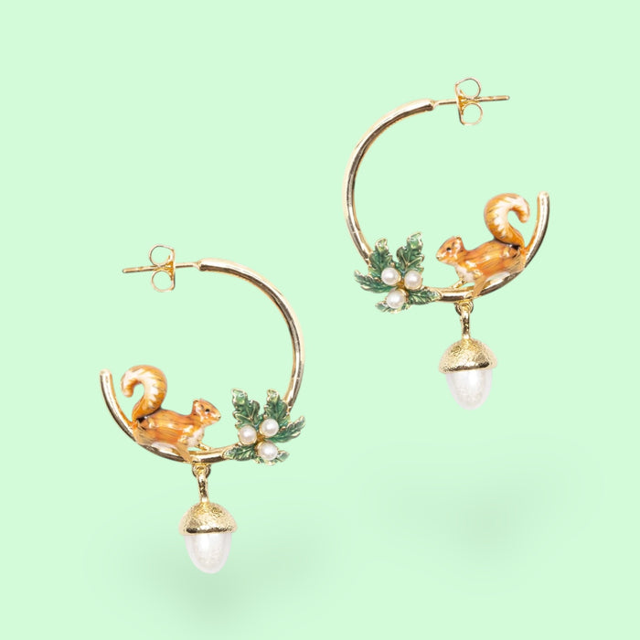 Squirrel & Acorn hoop pearl earrings by Bill Skinner