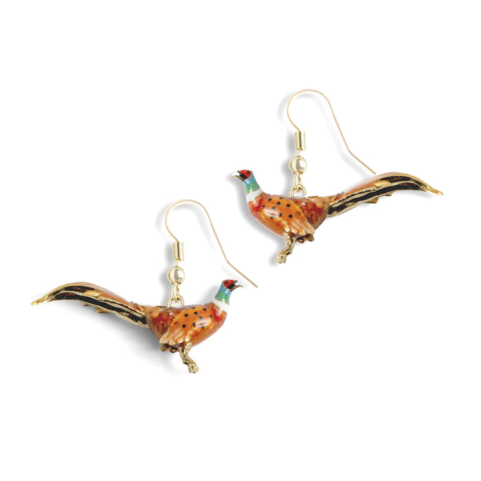 Pheasant drop earrings by Bill Skinner