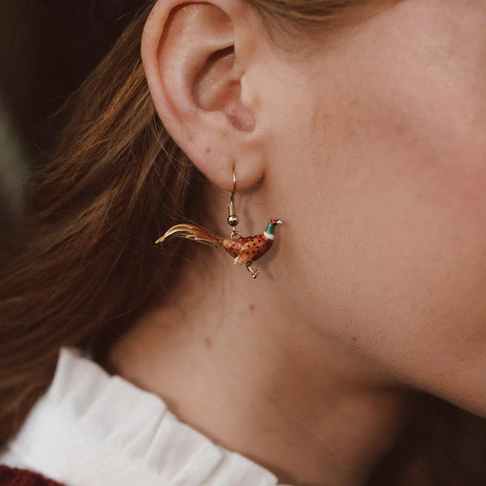Pheasant drop earrings by Bill Skinner